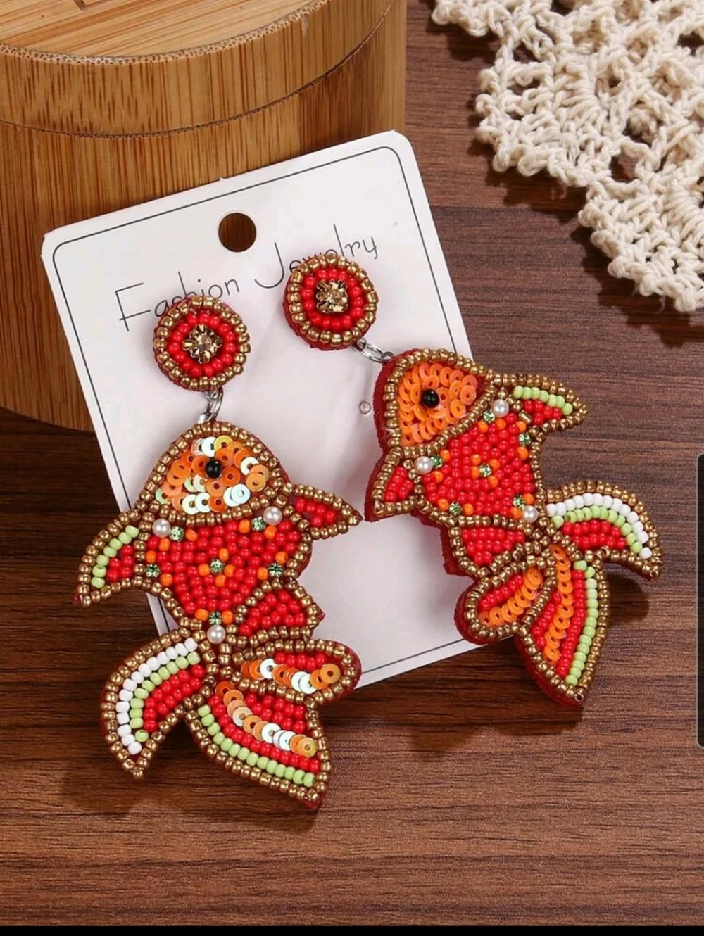 BRAND NEW ** Fashion Jewelry Red & Orange Beaded Fish Earrings
